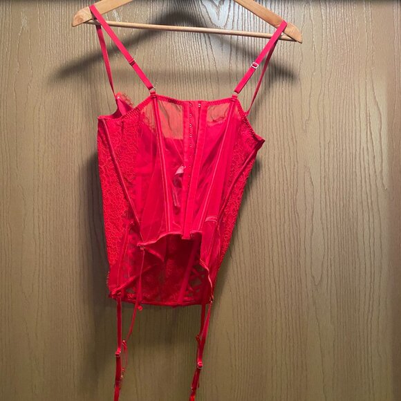 Victoria Secret Lingerie Bustier Large Corset Red Lace Sheer Boned Underwire - Picture 3 of 5